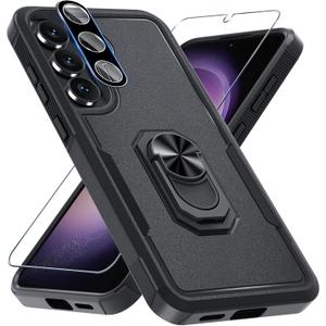 Janmitta for Samsung Galaxy S25 FE Case with Screen Protector+Camera Lens Protector,Heavy Duty Shockproof Full Body Protective Cover Built in Rotatable Metal Ring Holder Kickstand,2025 Black Matte