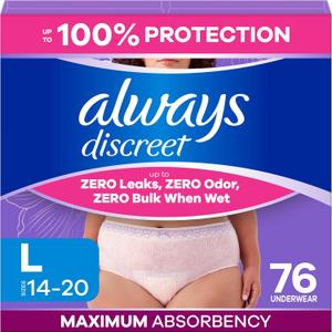 Always Discreet Adult Diapers for Women, Incontinence Underwear, Postpartum Essentials, Disposable Briefs, Max Absorbency, Bladder Leak Protection, Large, 76ct