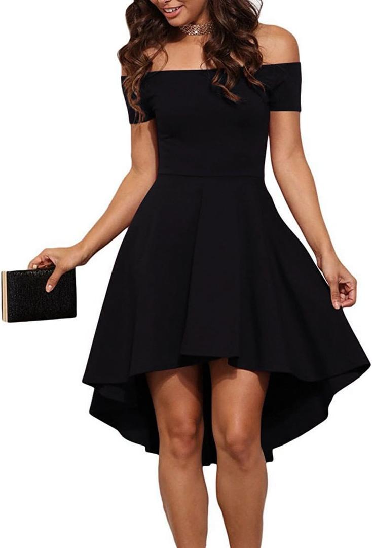 Sarin Mathews Womens Off The Shoulder Short Sleeve High Low Cocktail Skater Dress (Large, Black)