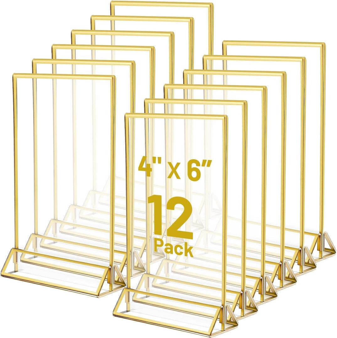 Jeffbaubl 12 Pack Acrylic Sign Holder Gold Borders,4x6 Double Sided Clear Frame Vertical Stand,Menu Display Stand Gold Sign Holders for Wedding Table Number,Restaurant Sign,Menu,Photo