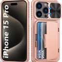 for iPhone 15 Pro Case Wallet with Card Holder (4-5 Cards) & Slide Lens Cover & Kickstand, Military Grade Drop Protection Rugged Shockproof Protective Case for iPhone 15 Pro 5G, Rose Gold