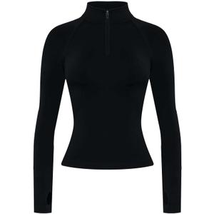 AUROLA Influence Workout Jacket for Women, Half Zip Cropped Slim Fit Long Sleeve Yoga Jackets Athletic Top with Thumb Holes (Large, Black)