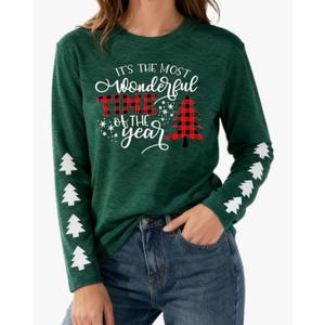 Christmas Shirts for Women Cute Christmas Tree Graphic Long Sleeve T Shirt Funny Holiday Xmas Top M