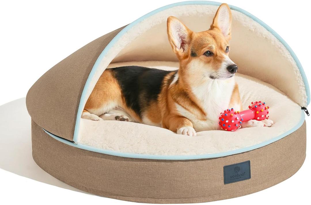 Veehoo Dog Cat Cave Bed with Hooded Cover, Cozy Cave Burrow with Anti-Slip Bottom for Small Medium Dog Cat Pet, Khaki 26 (26.0"L x 26.0"W x 4.0"Th)