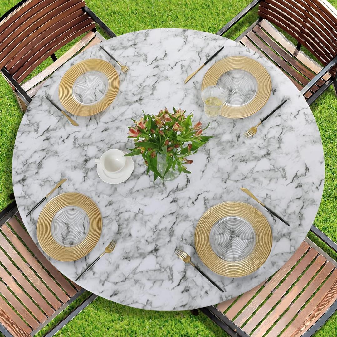 Romanstile Round Vinyl Tablecloth, 100% Waterproof Heavy Duty Elastic Fitted Table Covers for 36"- 44" Tables, Wipeable Flannel Backed Plastic Table Cloths for Picnic, Camping, Outdoor - Marble