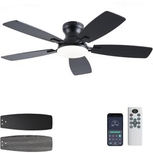 JSAITEE Ceiling Fans with Lights, 42 Inch Low Profile Ceiling Fan with Light and Remote Control, Flush Mount, DC Reversible Motor, Noiseless, Black 6 Speeds Ceiling Fan for Bedroom