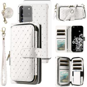 Asuwish Phone Cover for Samsung Galaxy S20 Ultra 5G Wallet Case Cell Zipper with Tempered Glass Screen Protector Crossbody Strap Glitter Card Holder S20ultra 20S S 20 A20 S2O 20ultra G5 Women White