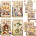 VitalCozy 8 Pcs Easter Kitchen Towels Oven Mitts and Pot Holder Sets Happy Easter Floral Kitchen Towels Retro Dish Towel Cute Bunny Egg Cross Heat Resistant Oven Gloves Potholder for Holiday Baking