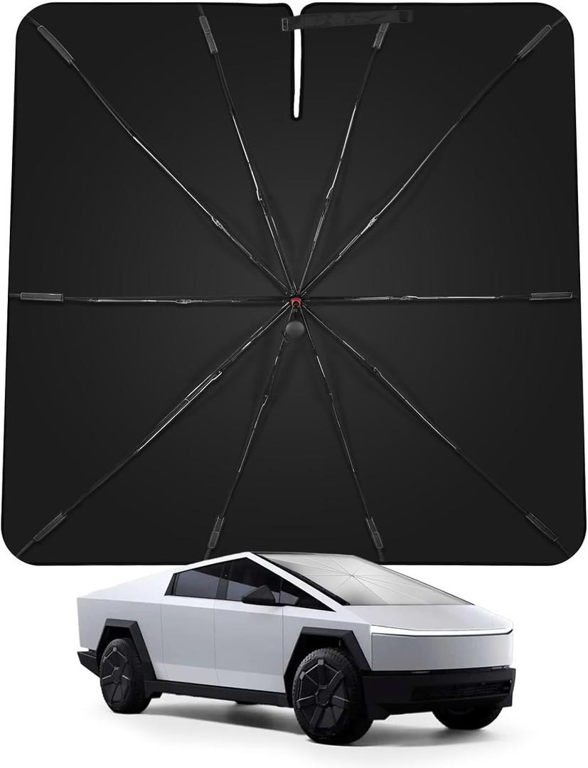 Upgrade Windshield Sunshade for 2024 2025 Tesla Cybertruck - Full Coverage Sunshade Umbrella with Ice Crystal Tech, Blocks UV Rays and Reduces Heat, Cybertruck Accessory, 54''x 60''x 61'' (Black)