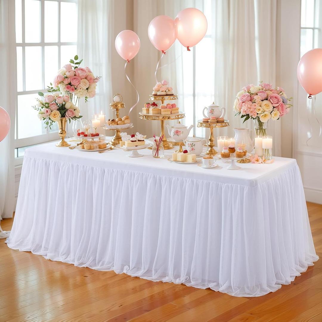 Wish Care White Tulle Tablecloth for 6 Foot Rectangle Tables Stretch Ruffle Table Cloths Tutu Desk Skirt 6ft Wrinkle Free Spandex Fitted Table Cover for Birthday Wedding Party Banquet Decorations