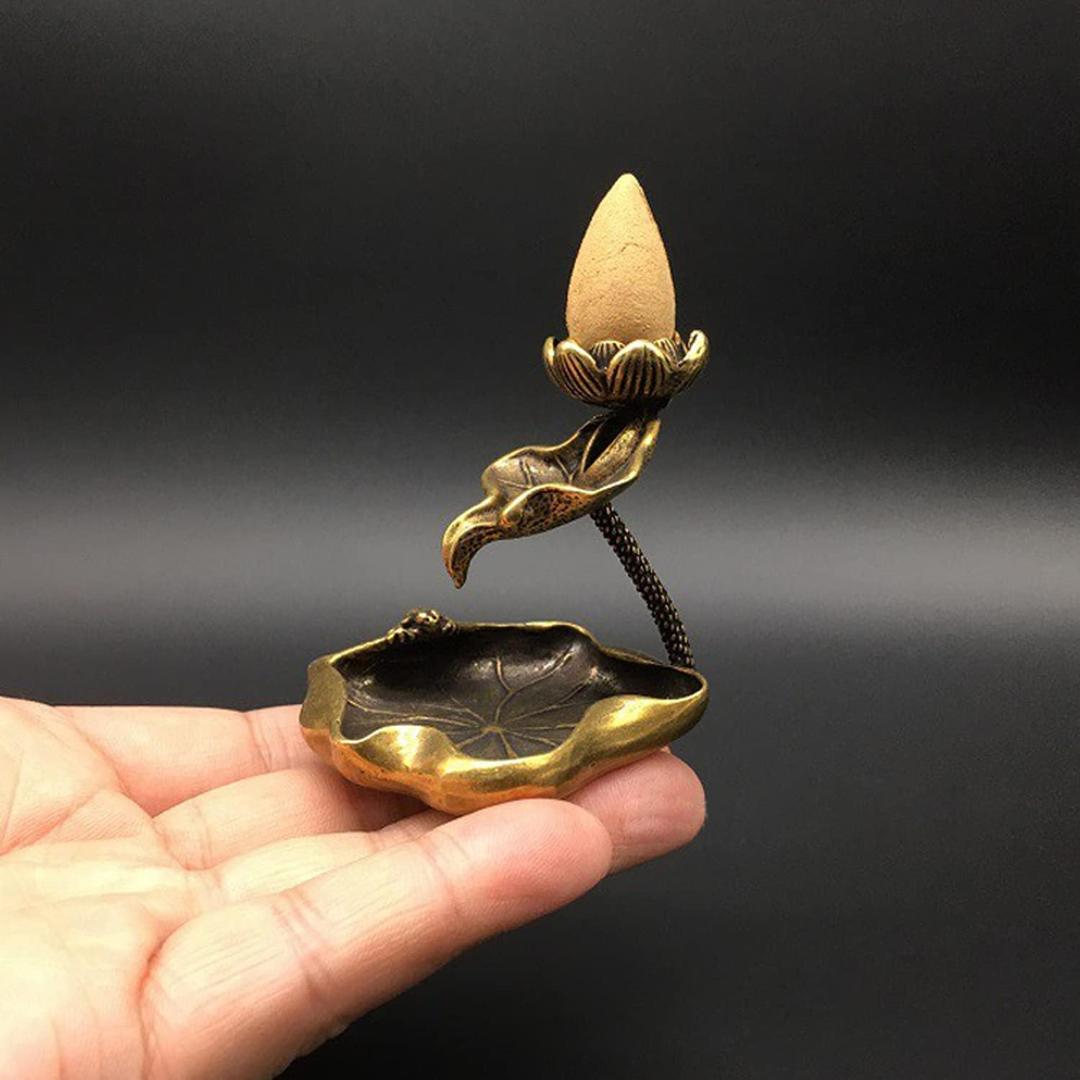 OwMell Lotus Backflow Incense Holder, Vintage Brass Lotus Waterfall Incense Burner, Aromatherapy Ornament Home Decor - Frog