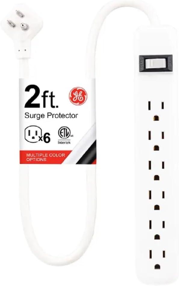 GE 6-Outlet Surge Protector, 2 Ft Extension Cord, Power Strip, 450 Joules, Twist-to-Close Safety Covers, UL Listed, White, 33656