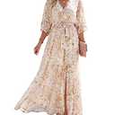 ANRABESS Women’s Summer Loose Boho Flowy Wrap V Neck 3/4 Sleeve Floral Print Slit Beach Wedding Guest Long Maxi Dresses Floral Yellow White XX-Large