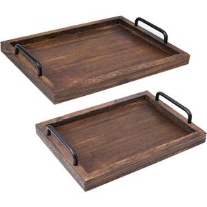 LIBWYS Rustic Wooden Serving Trays with Handle-Set of 2-Decorative Nesting Food Board Platters for Breakfast, Coffee Table/Butler (Large 15.8x11.8x1.2 inches, Small 13.4x9.4 x1.2 inches)
