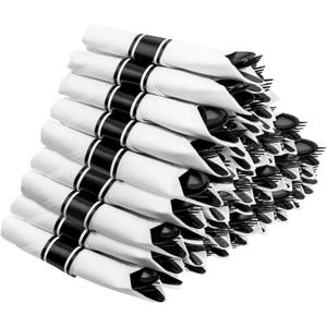 Supernal 60 Pack Hevy Duty Rolled Black/White  Plastic Silverware,Pre Wrapped Cutlery with Napkins, Rolled Plastic Forks and Spoons, Black Disposable Silverware Suit for Party, Birthday