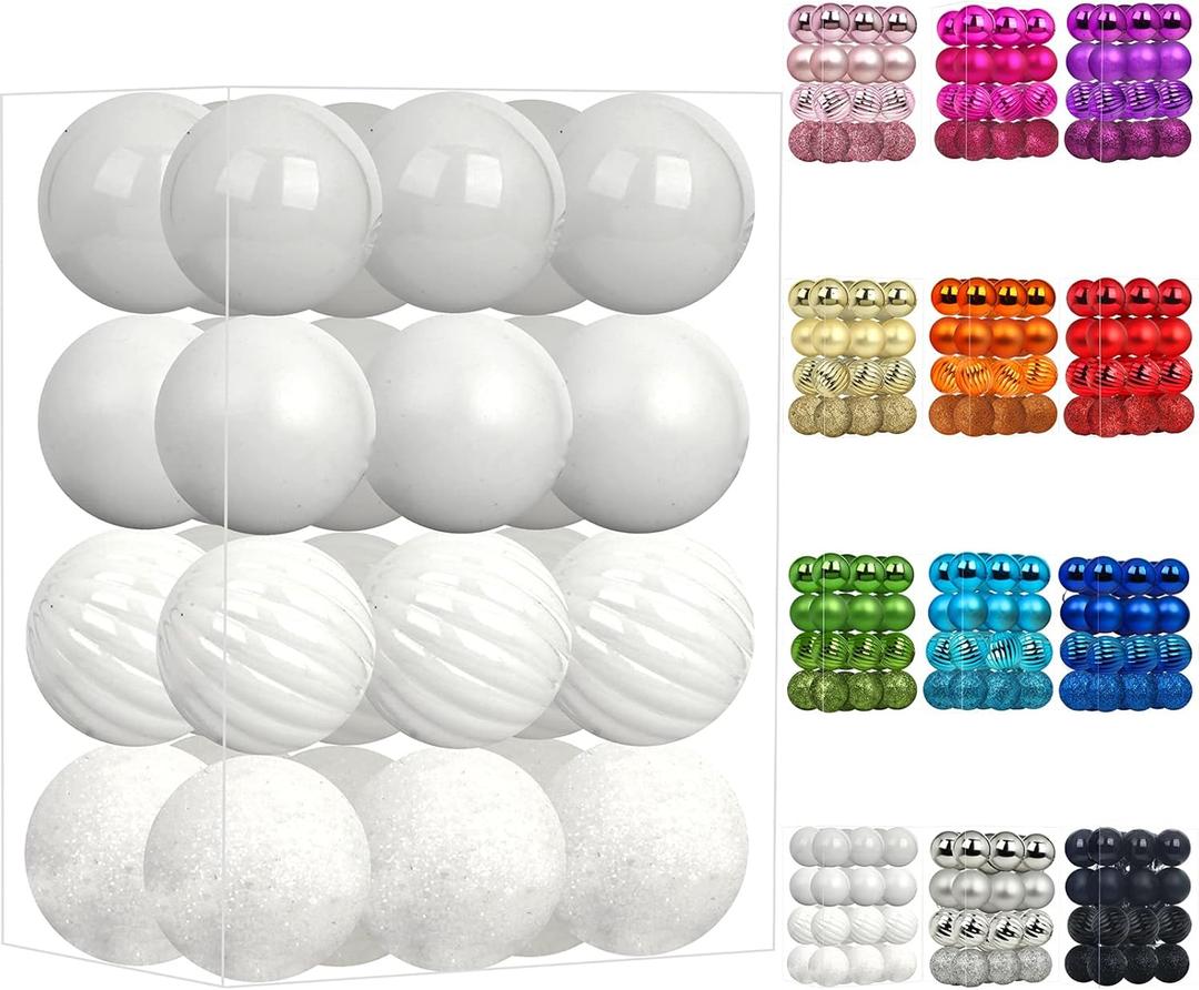 Emopeak 24Pcs Christmas Balls Ornaments for Xmas Christmas Tree - 4 Style Shatterproof Christmas Tree Decorations Hanging Ball for Holiday Wedding Party Decoration (White, 1.3"/3.2CM)