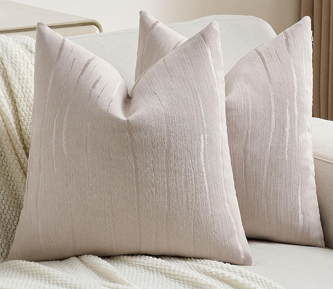 FUTEI Beige Chenille Decorative Throw Pillow Covers 18x18 Inch Set of 2,Soft Embossed Striped Textured Cushion Case,Modern Home Decor for Couch Bed Living Room. Light tan