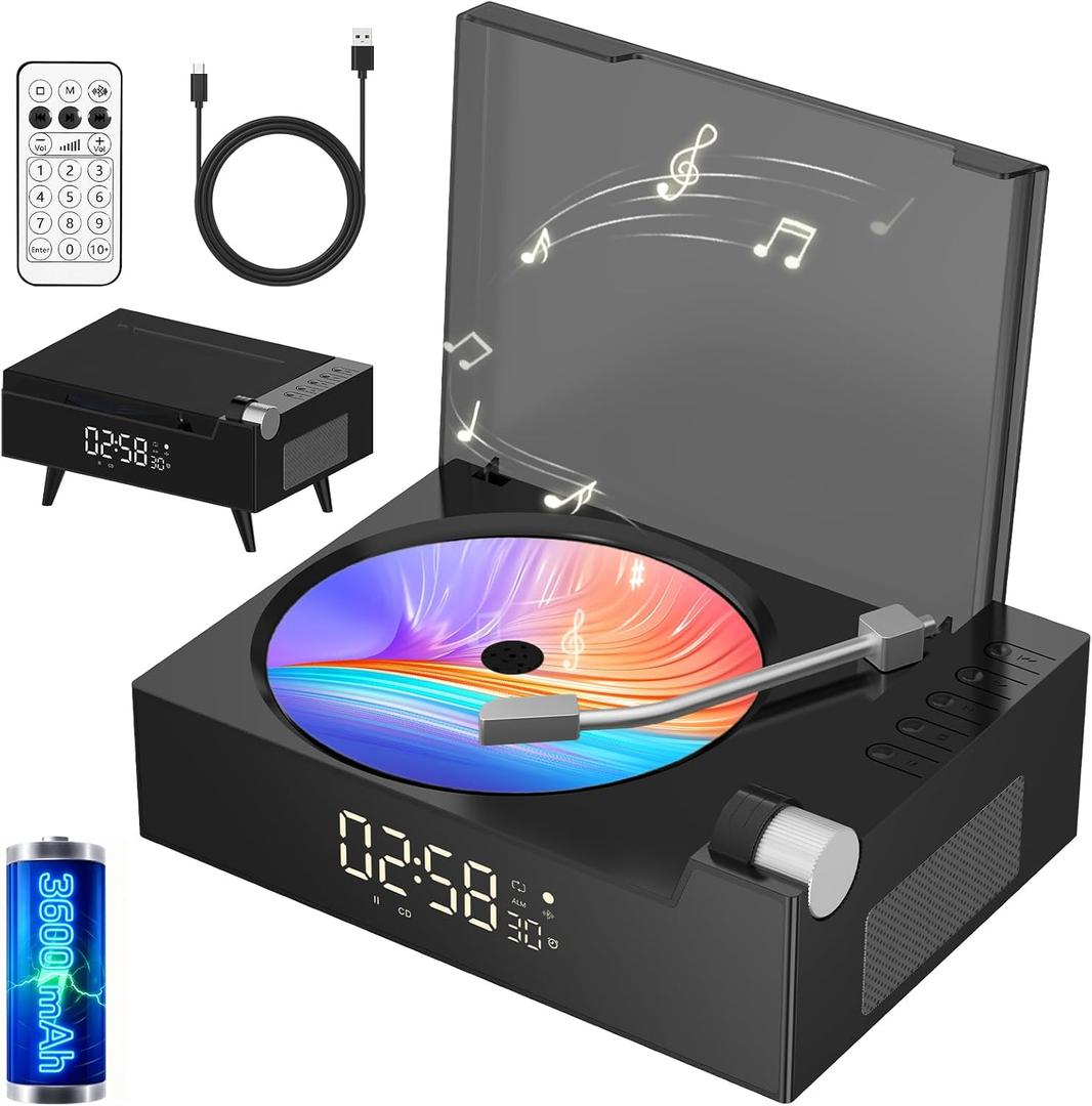Portable CD Player for Home with Hi-Fi Speaker, Bluetooth Transmitter and Receiver, FM Radio, LED Display, Built-in Dual Speakers, USB/AUX Support, Headphone Jack, Timer
