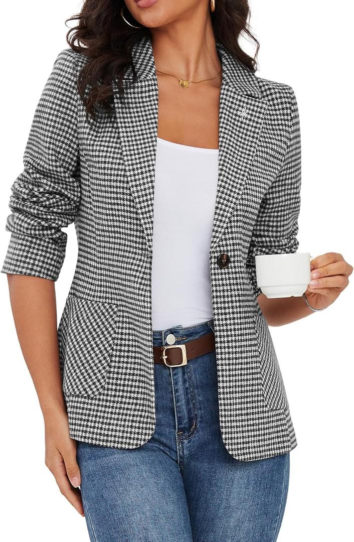 ELLEVEN 2025 Women's Houndstooth Plaid Blazers with Embroidered Collar, Business Casual Work Office Jacket with Pockets (Large)