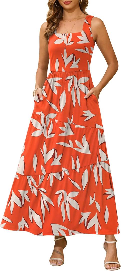 Kranda 2025 Summer Sleeveless Long Beach Sundress Square Neck Tank Top Tiered Maxi Dress with Pockets (Large, Floral Orange Beige)