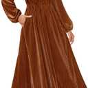 Women's Nursing Long Sleeve V Neck Velvet Maxi Dress Flowy Wedding Party Dresses with Pockets (Brown)