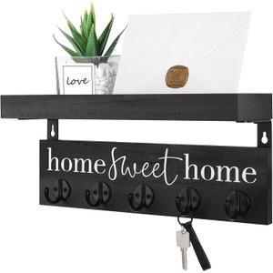 Key Holder Wall Mount  Rustic Shelf with Hooks for Coats, Leashes  Paulownia Wood with Metal Key Hooks Enhances Farmhouse Decor and Entryway Storage (14" x 6.3" x 3.9") Black