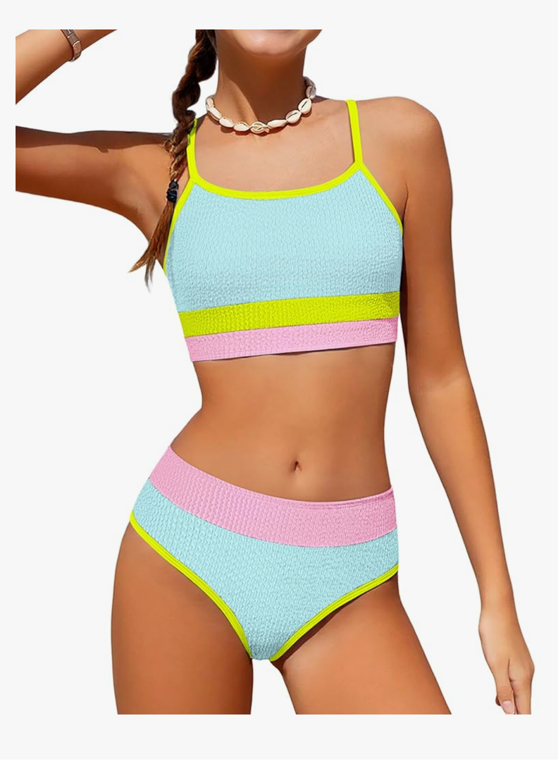 Girls Bathing Suit Color-Block Adjustable Straps Bikini Sets Girls Two Piece Swimsuits with Chest Pad Swimwear 7-18T, Size -13-14Y