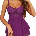 Avidlove Womens Babydoll Lingerie Lace Chemise Floral Sexy Nightgown Embroidered Lingerie Dress Boudoir Nightie (Large, Purple)