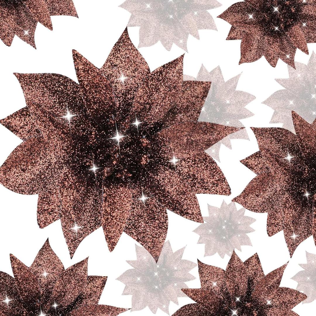 Jetec 30 Pcs Brown Christmas Poinsettia Flowers Artificial Tree Decoration Glitter Poinsettia Flowers for Christmas Tree Ornaments Wreaths Floral Holiday Decor (L)