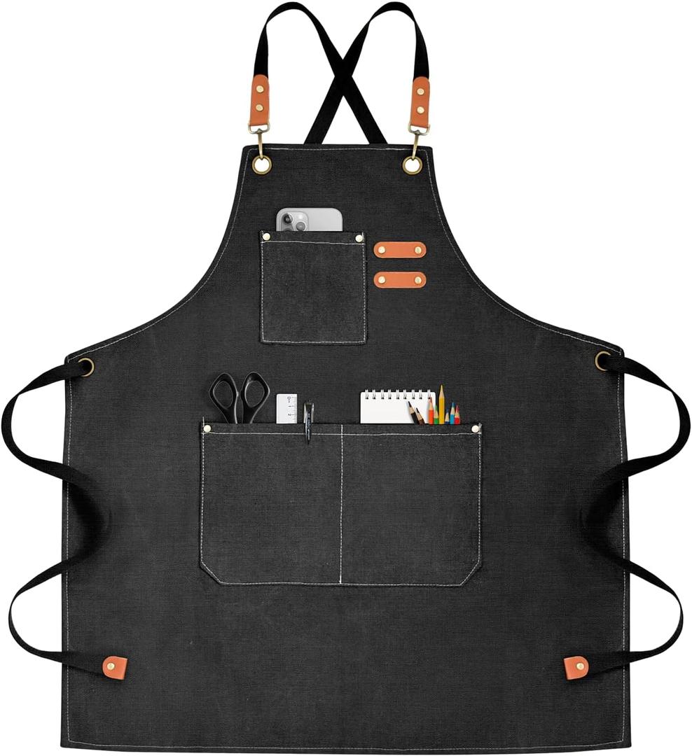 Chef Apron for Men Women Canvas Aprons with 3 Pockets Cross Back Resistant Work Apron for Cooking (Pure Black)