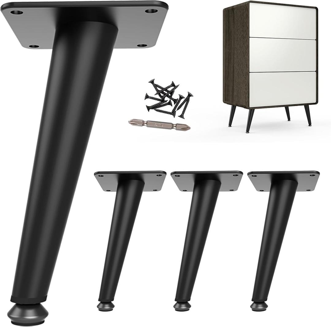 6 Inch Furniture Legs Heavy Duty, Replacement Cabinet Legs for Furniture Set of 4, Mid Century Modern Metal Short Dresser Feet for Cube Storage Futon Nightstand Ottoman, Satin Black