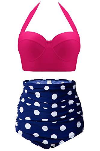 CHERRY CAT Retro Polka High Waisted Bikinis Super Cute Bathing Suits(Rose Red&Navy,Medium (fits Like US 4-6))