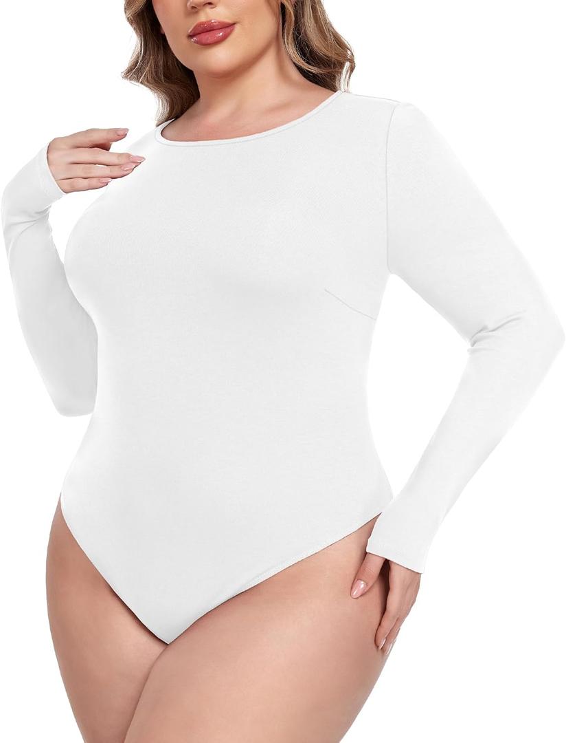COOTRY Plus Size Crew Neck Bodysuits for Women Long Sleeve Body Suit Basic Slim Fit Bodysuit Leotard Tops (4X-Large, White)