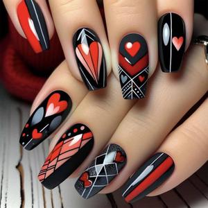 24Pcs Valentine's Day Press on Nails Medium Square Fake Nails with White Line Design Red Heart Bow Acrylic Nails False Nails Black Solid Color Full Cover Glossy Stick on Nails for Women Girls