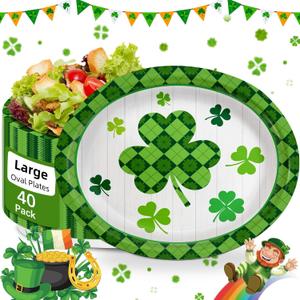 40 Pack St Patricks Day Plates 12 x 10 Inch St Patricks Paper Plates - Green & White Shamrock Large Disposable Dinner Platters for St Patricks Party Decorations