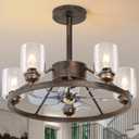 PAZALA Wagon Wheel Ceiling Fans with Lights, Modern Farmhouse Ceiling Fan with Light, 24" Rustic Black Chandeliers Fans,Vintage Fandelier with Remote,5 Glass Shade Fan Light