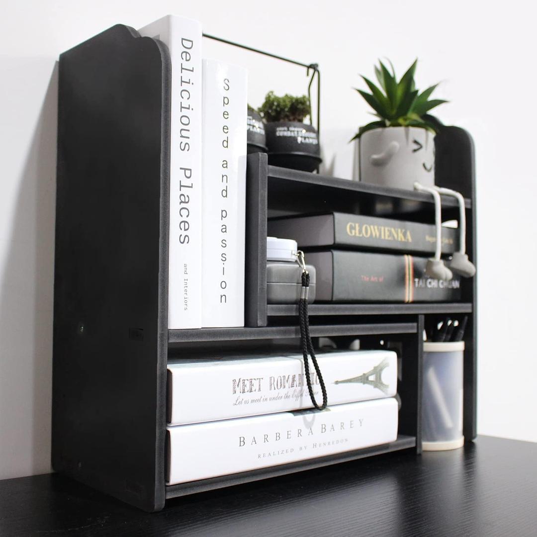 YGYQZ Adjustable PVC Desktop Organizer Storage Rack - Black Desk Shelf for Office, Women, Dormitory & Home Decor, 25in
