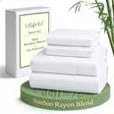MR&HM King Size Sheets Set, 4-Piece Cooling Sheets, Rayon Derived from Bamboo & Polyester Blend, Soft & Silky, 15" Deep Pockets with Elastic Straps, Hotel Luxury for Hot Sleepers, White