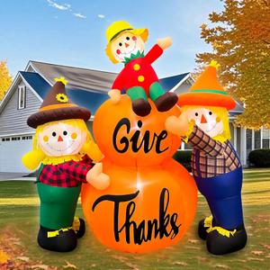 SEASONBLOW 6FT Thanksgiving Inflatables Scarecrow Family Decoration, LED Light Up Autumn Thanksgiving Blow Up 3 Scarecrows with Pumpkins for Celebrate Autumns Fall Harvest Garden Yard Decor