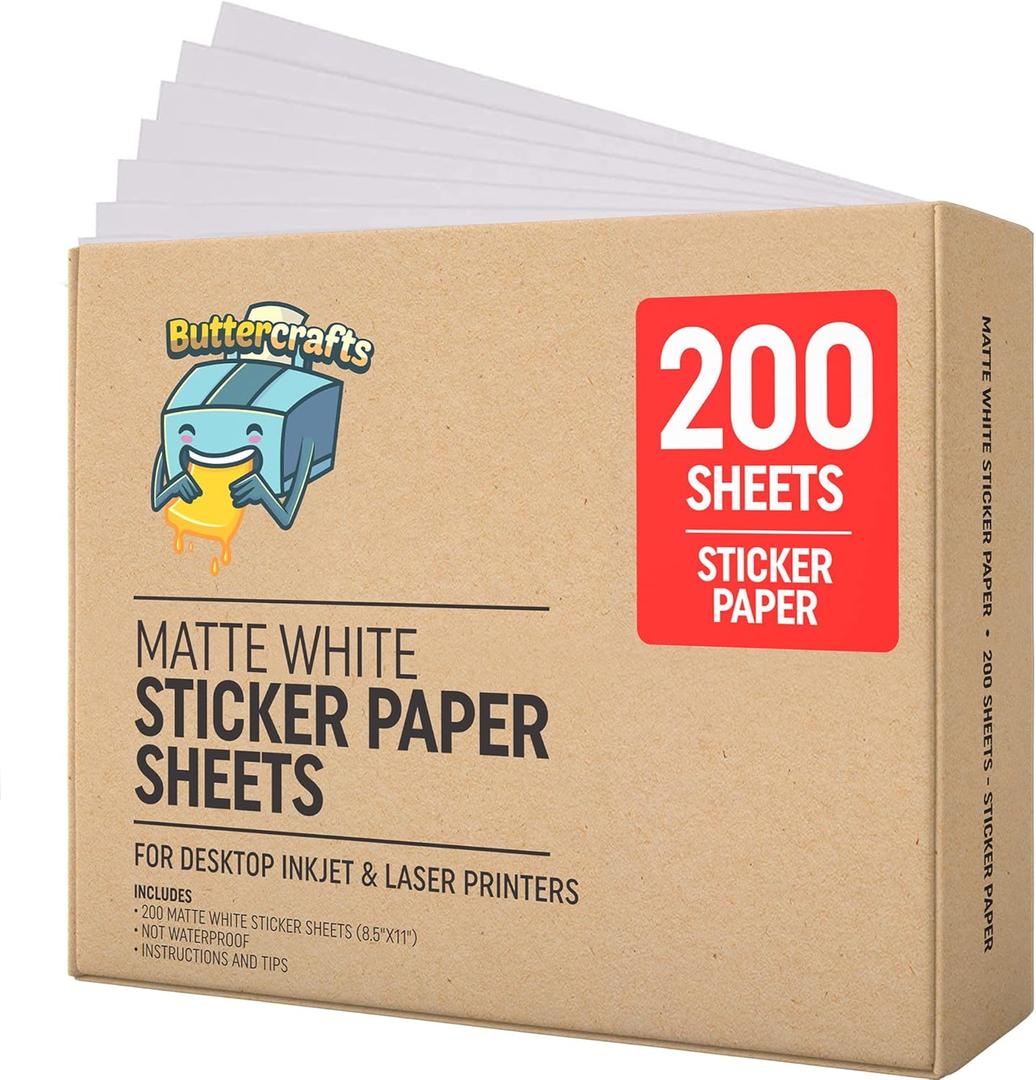 Printable Sticker Sheets for Inkjet & Laser Printers (Matte White, 200 Sheets, 8.5"x11")