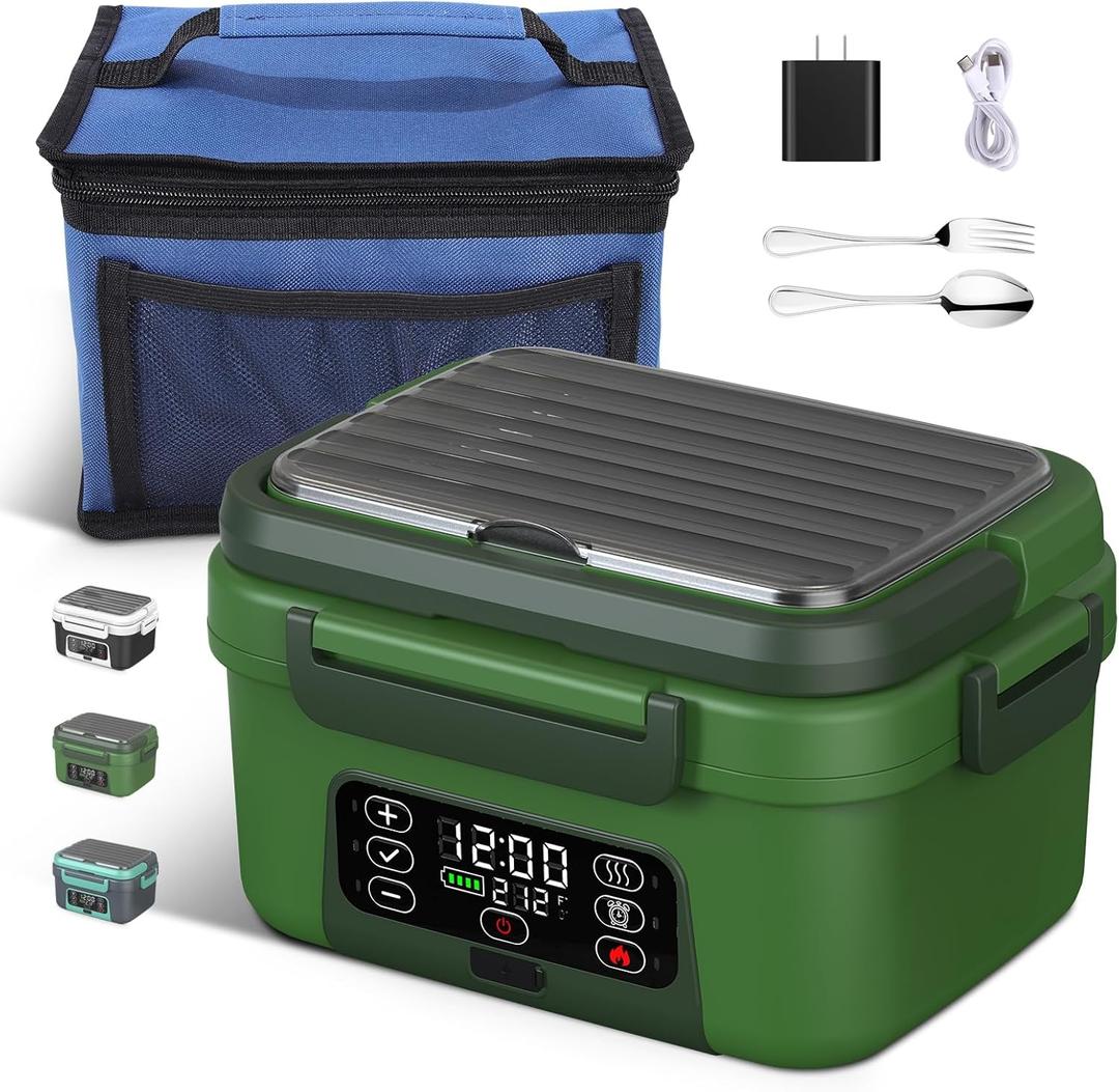 Cordless Electric Heated Lunch Box, 1.5L - 6.3 Cups 20000 mAh 100W Rechargeable Smart Self-Heating Food Warmer with Removable Divider, Spoon, Fork, BPA Free, Portable Lunchbox for Car Travel Office (Blackish Green)
