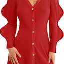 Wenrine Womens Puff Long Sleeve Sweater Dress Casual Button Down V Neck Ribbed Knit A Line Party Fall Mini Dresses Size L