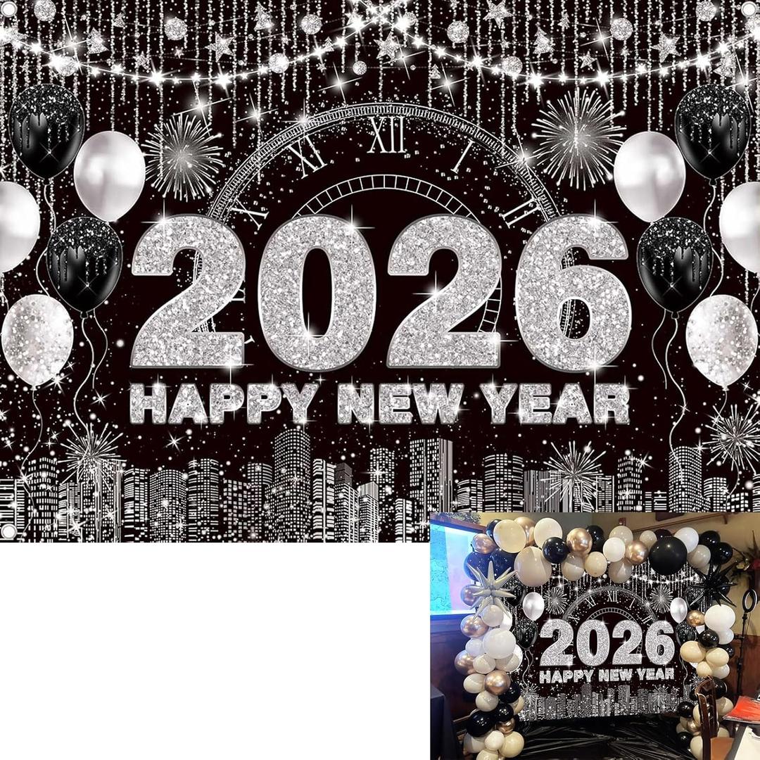 BINQOO 2026 New Year Eve Backdrop Black Happy New Year Photo Background City Night Scene Countdown Cheer to 2026 Party Decorations Banner Booth Props (Black, 7x5FT(82 x 59 inch))