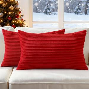 Mecatny Christmas Decorative Corduroy Throw Pillow Covers 12x20 Set of 2 for Sofa Living Room, Soft Neutral Boho Couch Pillow Covers for Home Decor, Christmas Red