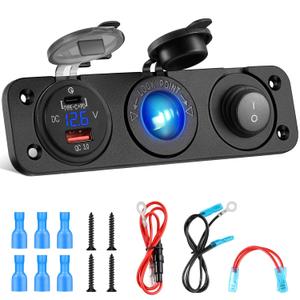 Kohree 3 in 1 Cigarette Lighter Socket: 12V Outlet USB QC3.0 & PD Type C 3.0 Dual Fast Charging Ports Adapter - 200W Marine Switch Panel Waterproof Cigarette Lighter Replacement for Cars Boats ATV