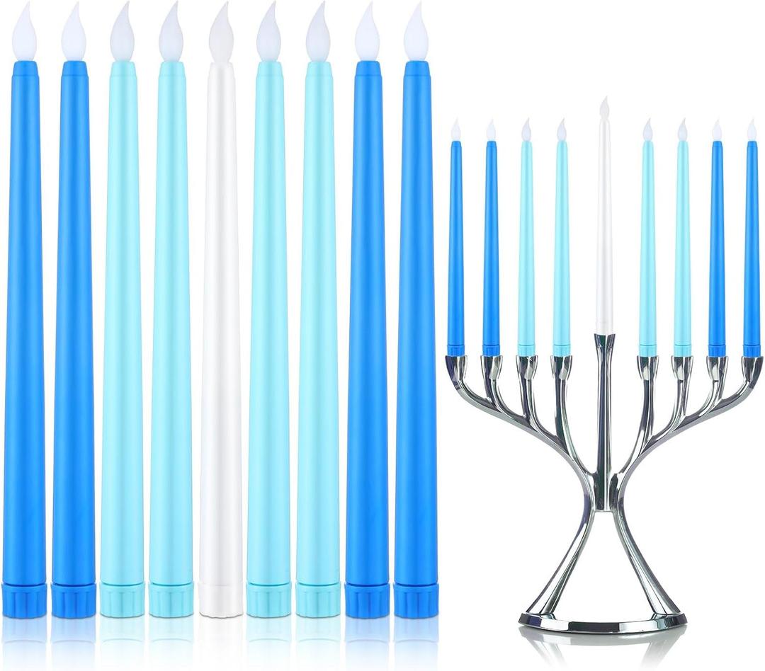 Baquler 9 Pcs LED Hanukkah Candles Blue and White Battery Operated Flameless Taper Candles 0.8 x 11.2 Inch Tall for Hanukkah Christmas Wedding Birthday Home Decor Gifts