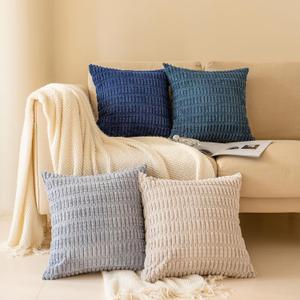 Softalker Throw Pillow Covers 18x18 Inch, Set of 4, Corduroy Soft Striped Farmhouse Boho Pillow Cover, Modern Decorative Cushion Pillow Case for Couch Sofa Bedroom Living Room