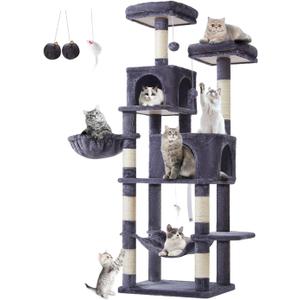Taoqimiao Cat Tree, 66.2-Inch Cat Tower for Indoor Cats, Plush Multi-Level Cat Condo with 7 Scratching Posts, 2 Perches, 2 Caves, Hammock, 2 Pompoms, Smoky Gray MS013G