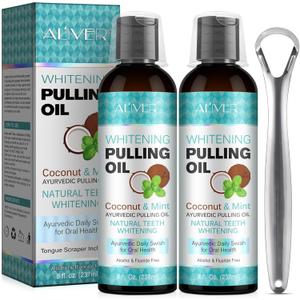 Coconut Oil Pulling for Fresh Breath and Oral Hygiene - Ayurvedic Expert Formulated | Supports Healthy Gums | Natural - Includes Tongue Scraper and Measuring Cup - 8 oz - 2 Packs BBD: 01/17/27