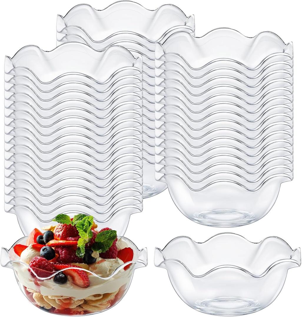 50pcs 6oz Small Plastic Dessert Bowls Ice Cream Bowls Reusable Flower Shaped Party Serving Elegant Buffet Serving Cups for Nuts, Salad, Fruit, Snacks and Yogurt (Clear)